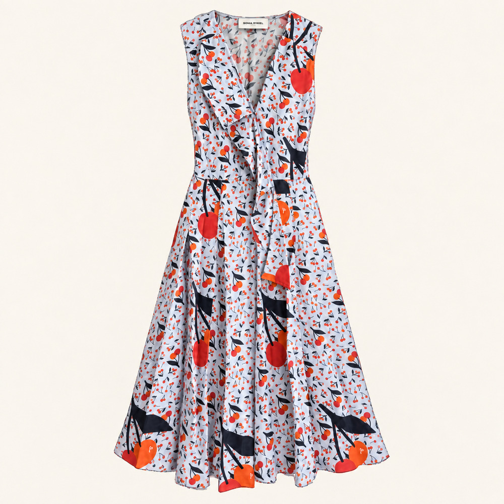 Sonia Rykiel Paris Silk Cherry Print A-Line Midi Dress V Neck Sleeveless S
